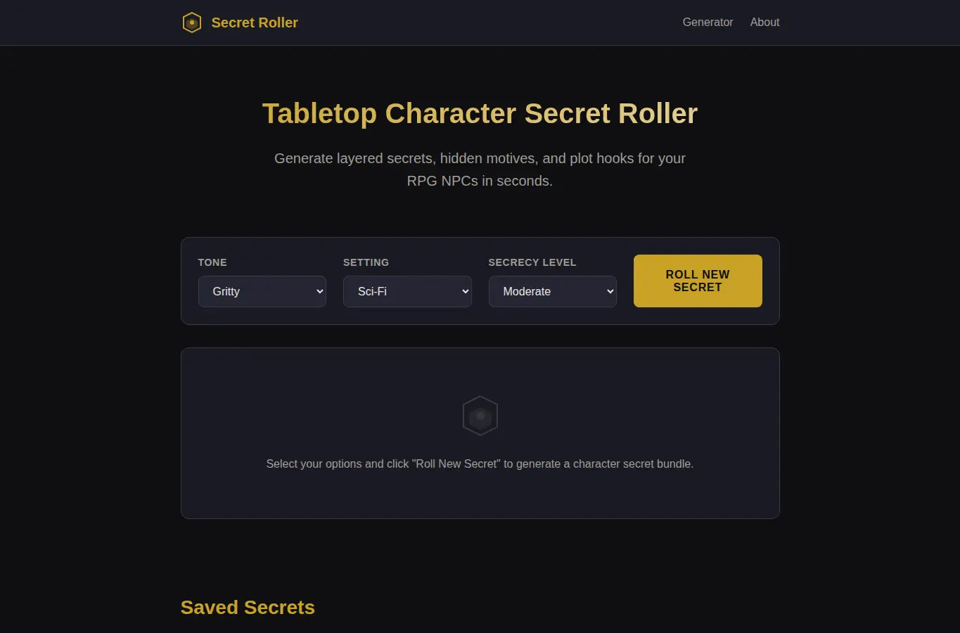 Screenshot of Tabletop Character Secret Roller interface showing the project page in use